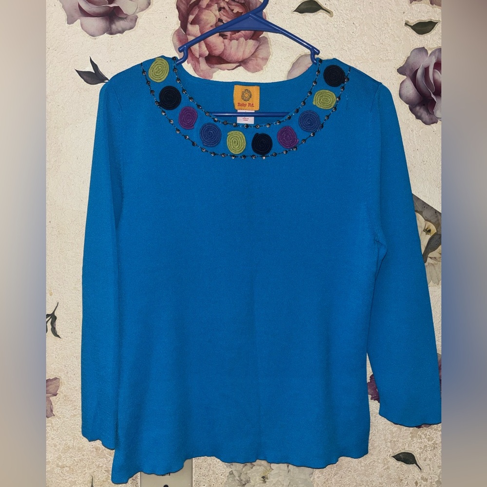 Ruby Rd. Blue Top With Colorful Embellishments - image 1